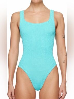 Hunza G Swimsuit Blue Coverage Turquoise Crinkle One Size Square Neck One Piece